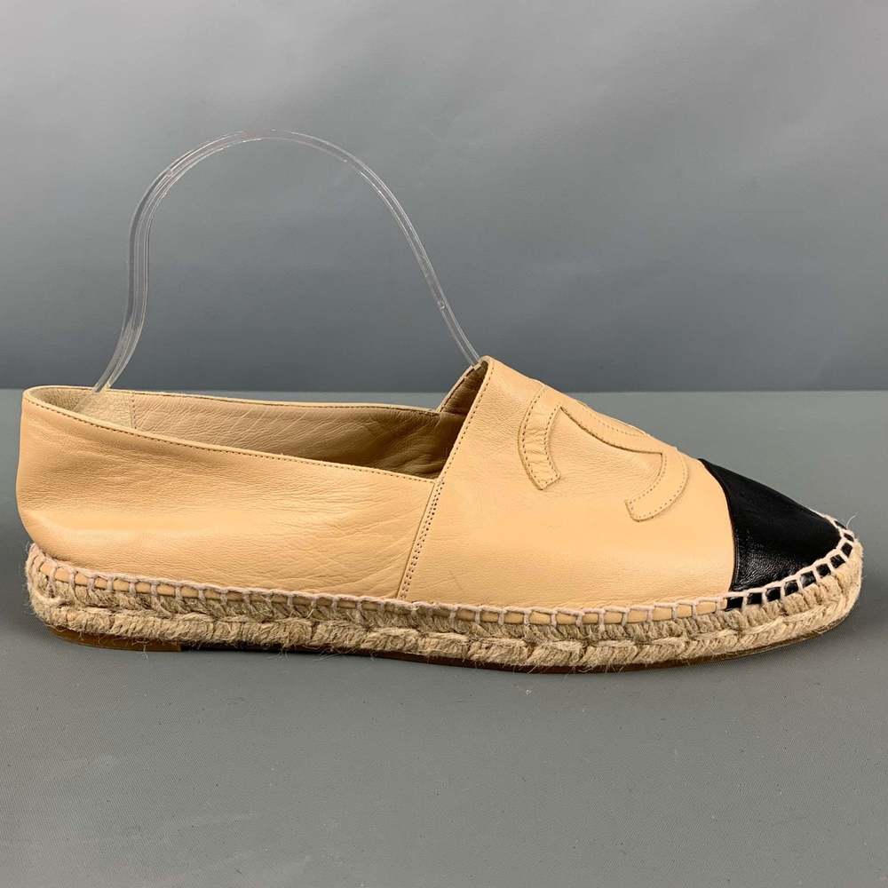 CHANEL Beige Black Leather Lamb Skin Espadrille Flats - Picture 2 of 9